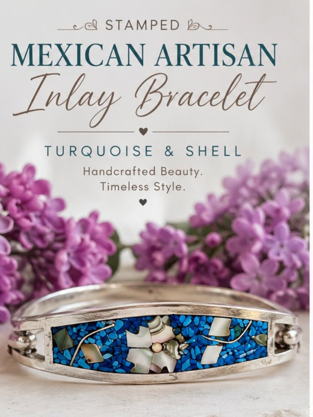 Mexican Artisan Turquoise & Abalone Shell Inlay Hinged Bangle Bracelet Stamped